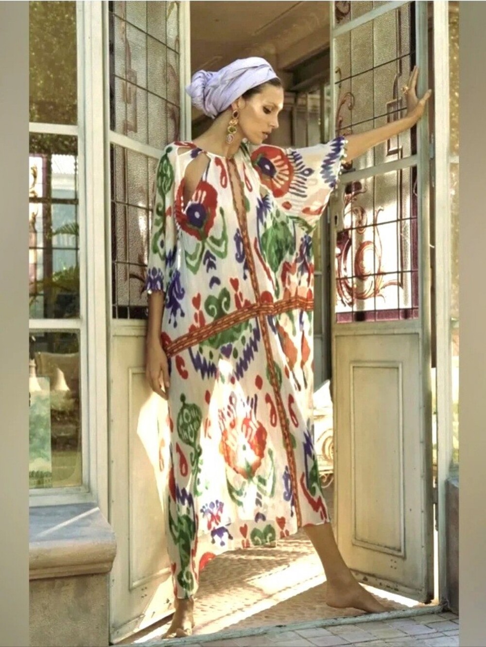 Zara White Maxi Kaftan with Green, Blue and Red Floral Print